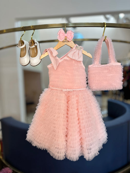Vestido Infantil Festa Frufru Tule Laço Puffer Bordado Rosa Gelado - Pituchinhus
