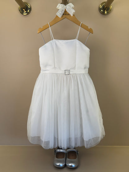 Vestido Infantil Alças Finas Saia Em Tule Off White - Petit Cherie
