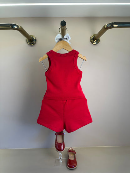 Conjunto Infantil Vermelho Blusa Com Strass e Shorts Moletom Acessório de Urso - Luluzinha