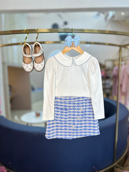 Conjunto Infantil Blusa ML de Algodão com Gola e Saia Malha Tweed com Botões - Beabá