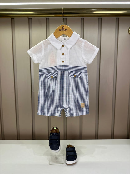 Romper Bebê Camisaria Algodão Cambraia e Fio Tinto Gola e Lapela Marinho - Um Mais Um
