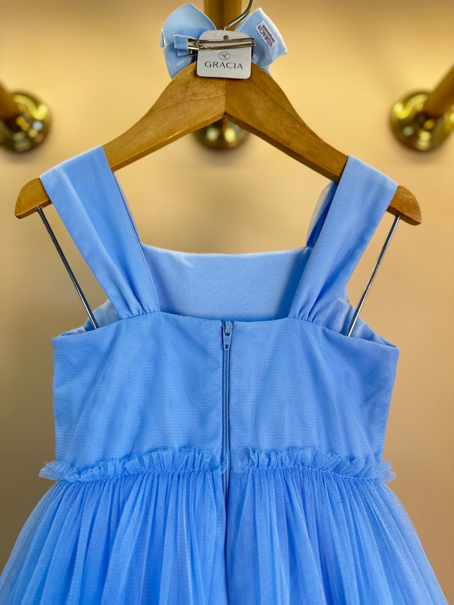 Vestido Infantil Tule Bordado Corações e Laço Frontal Azul Baby - Petit Cherie