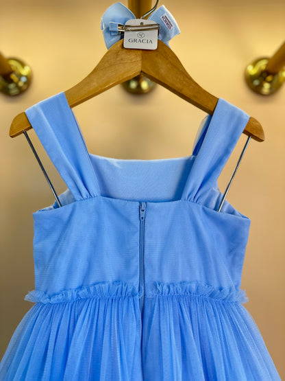 Vestido Infantil Tule Bordado Corações e Laço Frontal Azul Baby - Petit Cherie