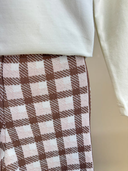 Conjunto Infantil Blusa Off White Estampa Laços E Legging Tricot Xadrez Marrom -  Pituchinhus