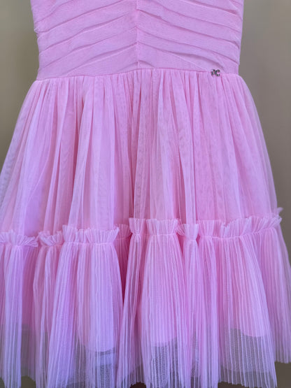 Vestido Infantil Tule Tomas e Plissado Rosa - Petit Cherie