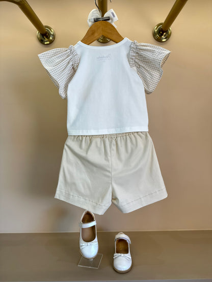Conjunto Infantil Blusa Love Bordado Mangas Xadrez e Shorts Bordados Pérolas e Cristais - Pituchinhus