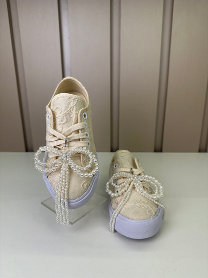 Tênis Infantil Casual Rendado Laço Pérolas Off White - Luluzinha