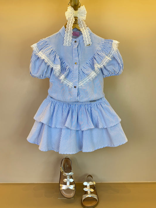 Conjunto Infantil Blusa com Babado Renda e Saia Camadas Listras Azul - Luluzinha