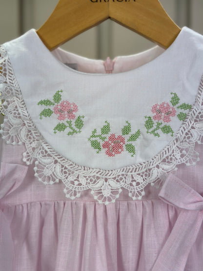 Vestido Infantil Algodão Clássico Rosa Gola Branca Bordada e Rendada - Roana