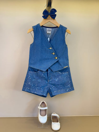 Conjunto Infantil Colete e Shorts Jeans Bordada Tule Flores - Animê