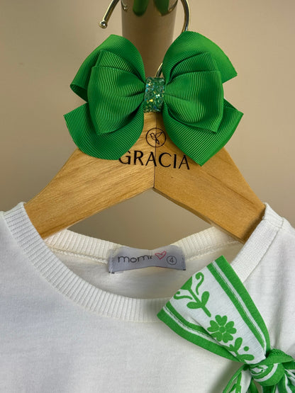 Conjunto Infantil Blusa Laço Estampado e Saia Bordado Verde - Momi