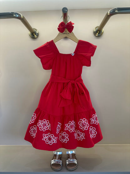 Vestido Infantil Amarração Laço Bordado Paetê - Momi