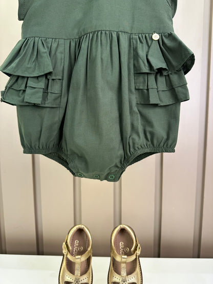 Romper Bebê Fofinho Tricoline Babados  Verde - Um Mais Um