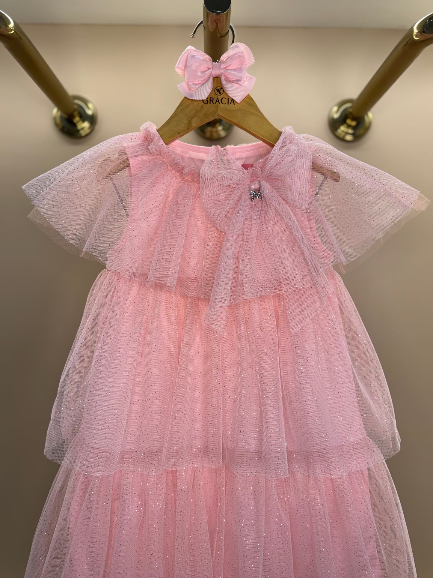 Vestido Infantil Tule Babados & Laço Rosa - Momi