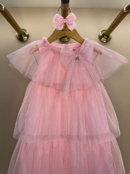 Vestido Infantil Tule Babados & Laço Rosa - Momi