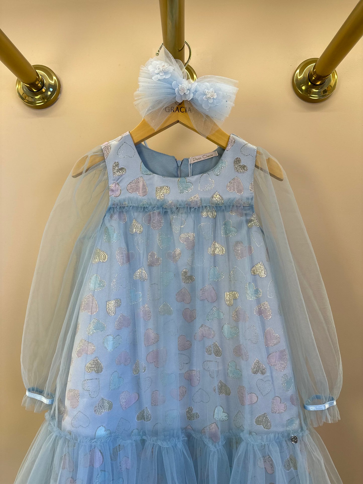 Vestido Infantil Trapézio ML Tule Jacquard Corações Azul - Petit Cherie
