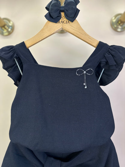 Conjunto Infantil Linho Blusa e Shorts-saia Preto Laço Strass - Petit Cherie