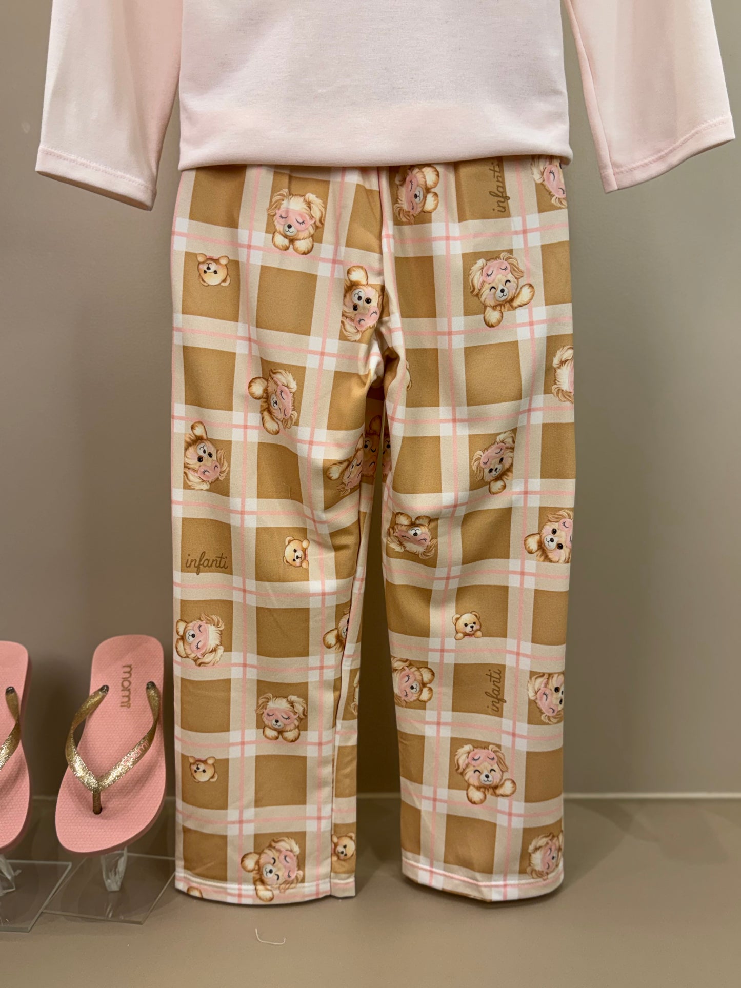 Pijama Infantil Blusa ML Ursinha de Máscara e Calça Estampada Rosa Claro - Infanti