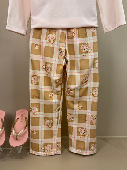Pijama Infantil Blusa ML Ursinha de Máscara e Calça Estampada Rosa Claro - Infanti