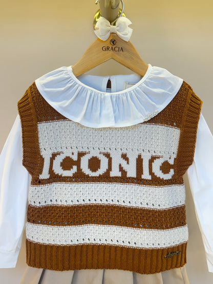 Conjunto Infantil Camisa Gola Babado e Tricot Iconic com Saia Sarja Pregas - Animê