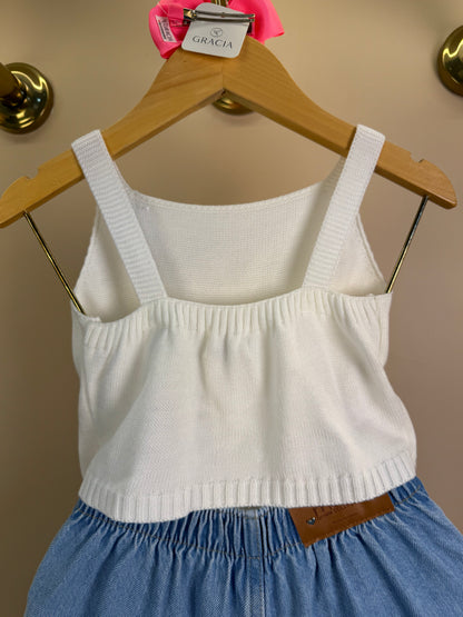 Conjunto Infantil Blusa Tricot Cerejas e Shorts Saia Jeans Com Pregas - Momi
