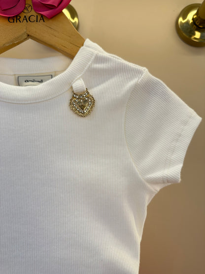 Conjunto Infantil Blusa Off Joia Coração e Saia Babado Rosa - Animê