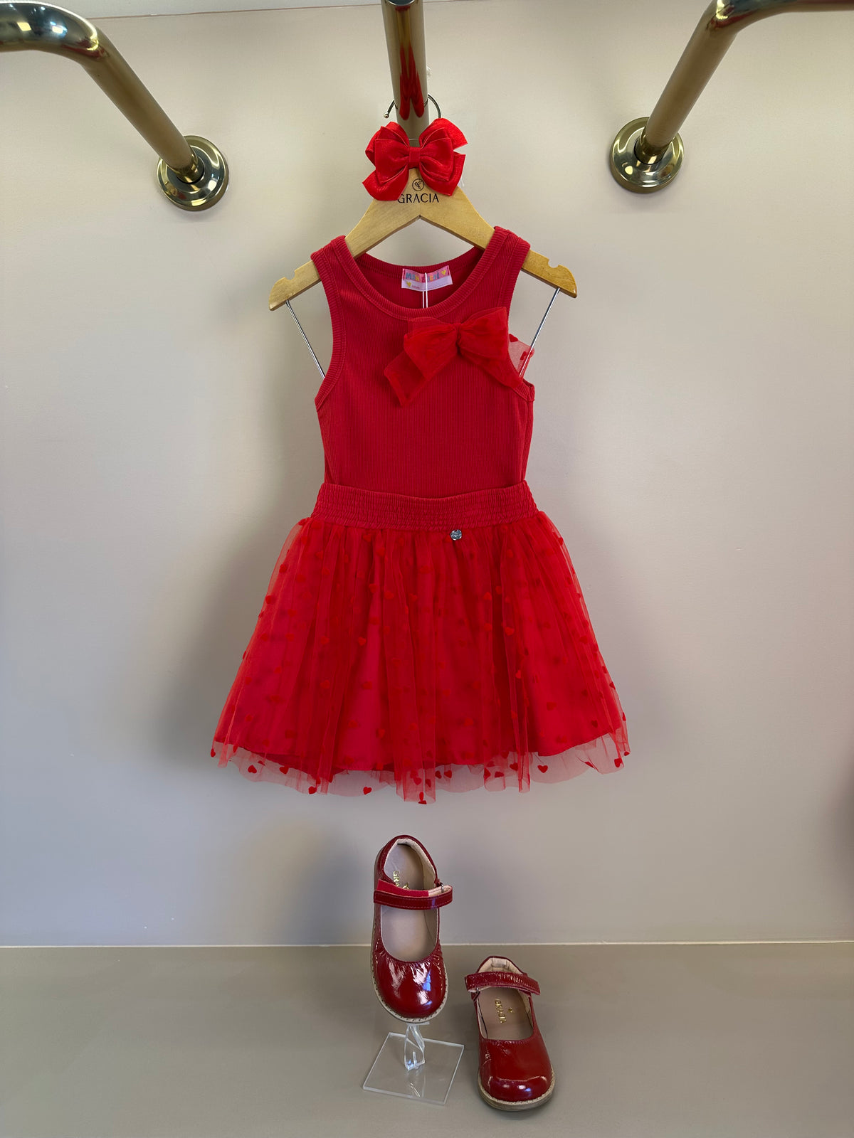 Conjunto Infantil Regata Laço Lateral e Saia Em Tule Flocado Vermelho - Mon Sucre
