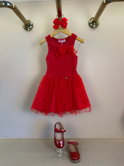 Conjunto Infantil Regata Laço Lateral e Saia Em Tule Flocado Vermelho - Mon Sucre