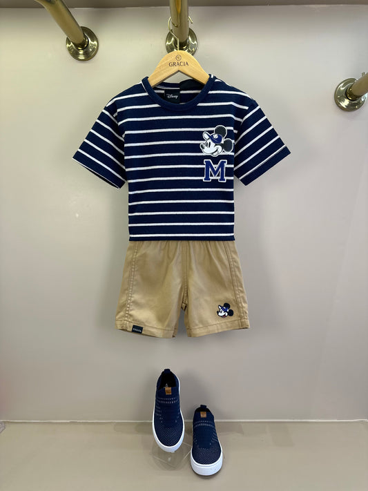 Conjunto Infantil Blusa MC Listrada Azul Marinho e Bermuda Bege - Youccie