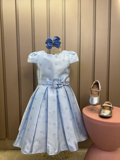 Vestido Infantil Festa Azul Corações Laço Cintura - Mon Sucré