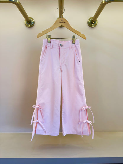 Calça Infantil Wide Sarja Rosa Lacinhos Laterais - Gabriela Aquarela