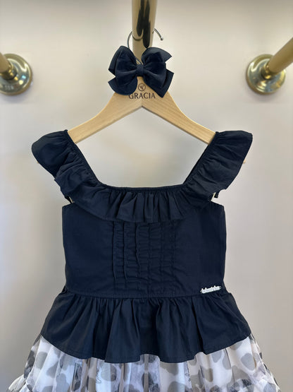 Conjunto Infantil Blusa Peplum Babadinho e Saia Rodada Tule Animal Print P&B - Luluzinha