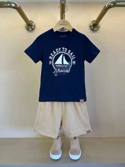 Conjunto Infantil T-Shirt Boat e Bermuda Bege - Youccie