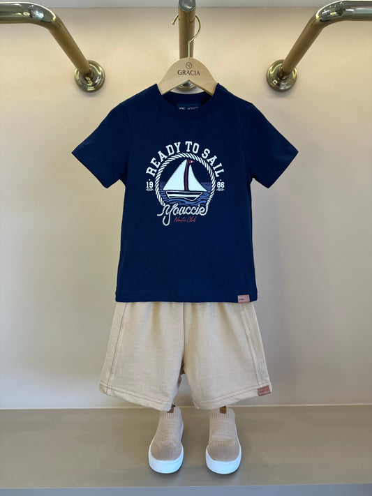Conjunto Infantil T-Shirt Boat e Bermuda Bege - Youccie