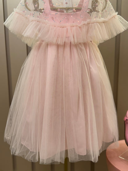 Vestido Infantil Festa com Capa Tule Bordado Rosa - Petit Cherie