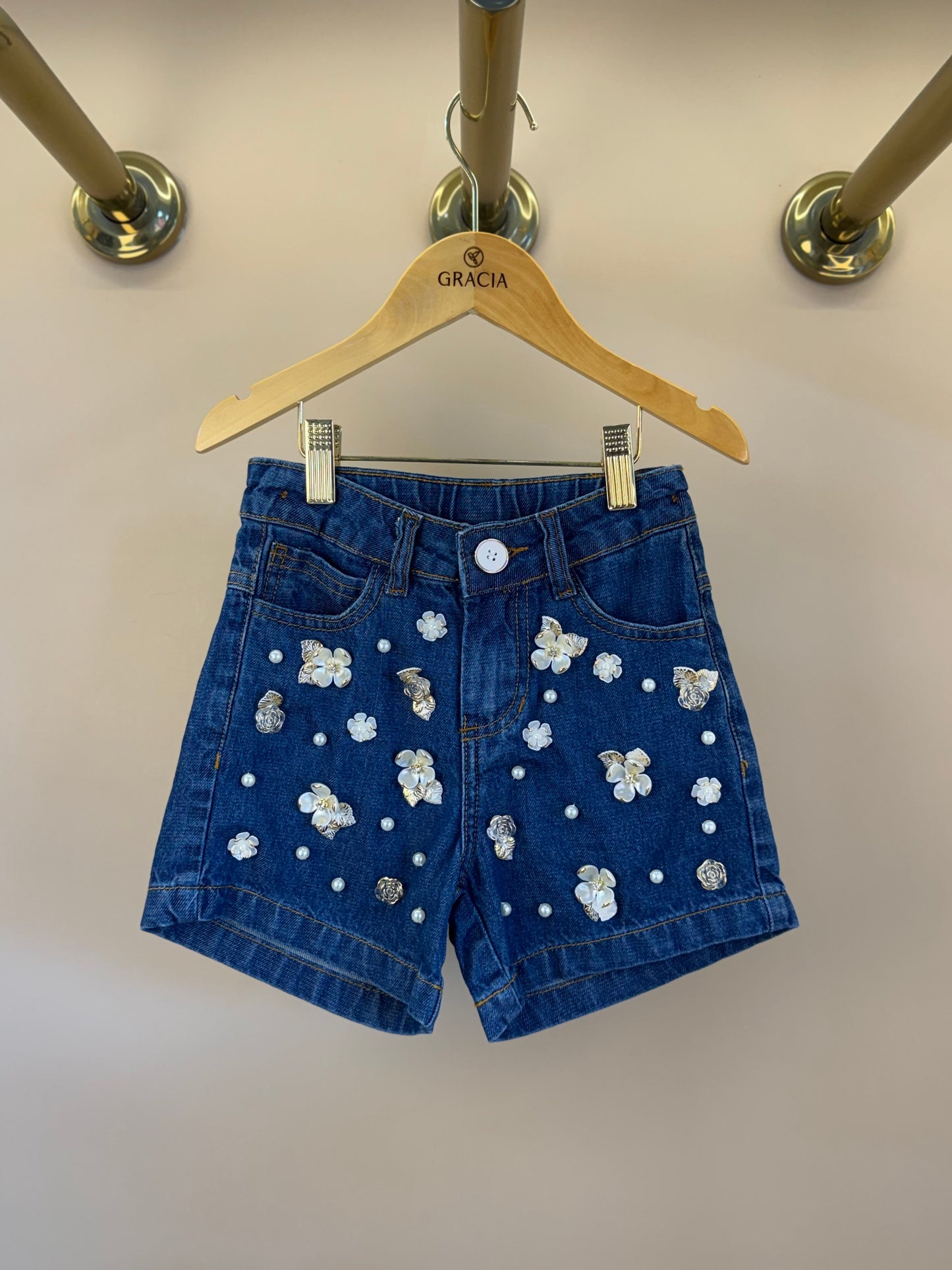 Conjunto Infantil Blusa Jeans Bordada Flores e Short Jeans Branco - Luluzinha