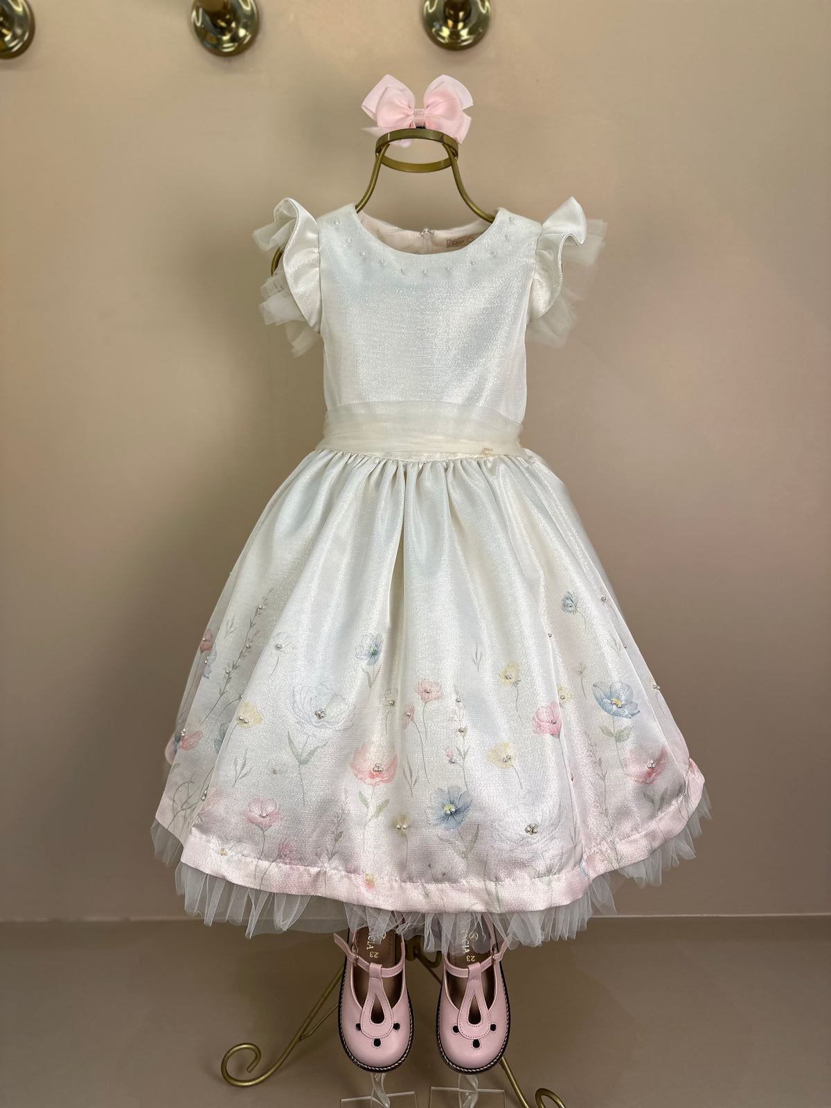 Vestido Infantil Festa Jacquard  Com Tule e Pérolas - Petit Cherie