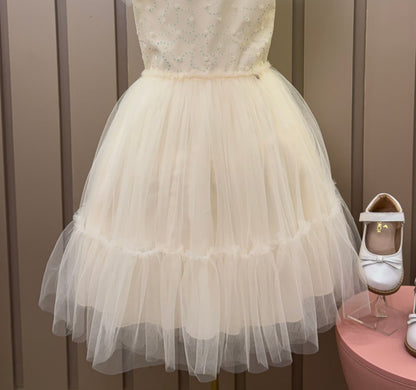 Vestido Infantil Festa Tule Bordado Flocado Busto Amarelo - Petit Cherie
