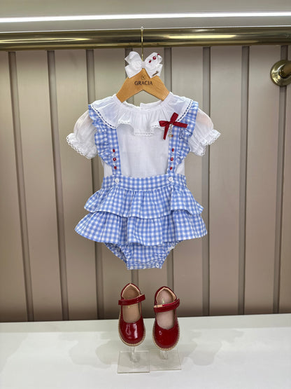 Jardineira Bebê Clássica Xadrez Azul Body Branco Golinha - Roana