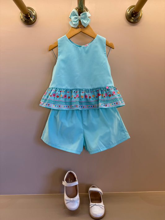 Conjunto Infantil Blusa e Shorts Tricoline Barrado Flores e Corações - Mon Sucré