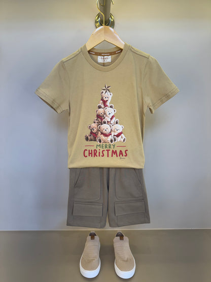 Conjunto Infantil Camiseta Algodão Teddy Natal e Bermuda Suedine Elastano Bolsos - Dame
