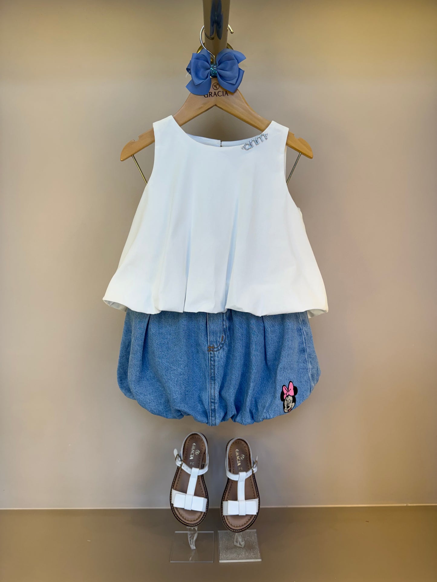 Conjunto Infantil Blusa Balonê Essentials e Saia Jeans Elástico Style Minnie - Animê