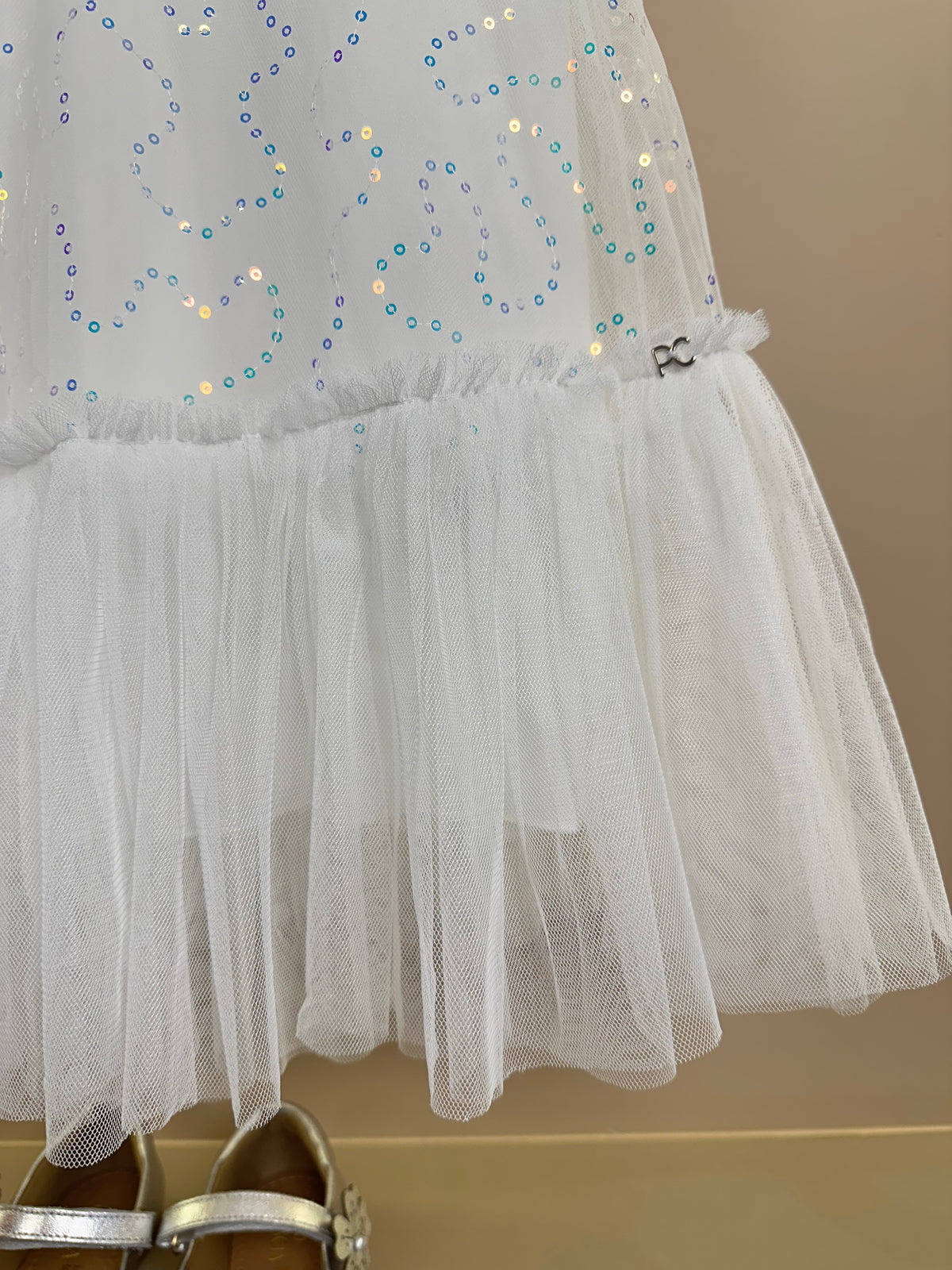 Vestido Infantil Trapézio Tule Bordado Paeté Off White - Petit Cherie