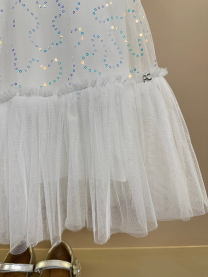 Vestido Infantil Trapézio Tule Bordado Paeté Off White - Petit Cherie