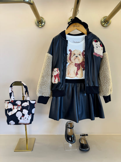 Conjunto Infantil Jaqueta Patches Couro Pele Carneirinho e Saia Evasê Couro Tech Preta - Pituchinhus