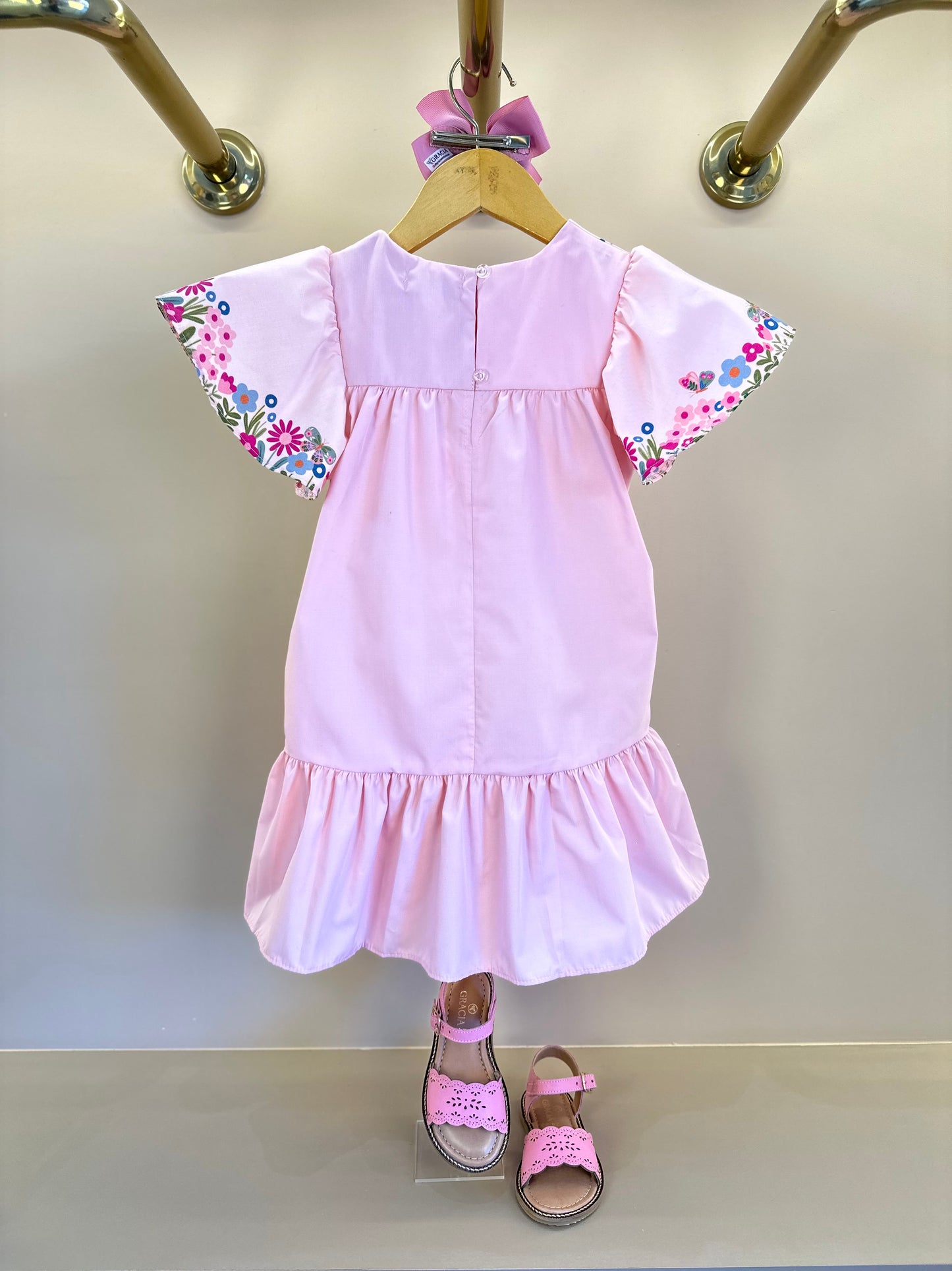 Vestido Infantil Trapézio Flores e Babado Rosa - Mon Sucré