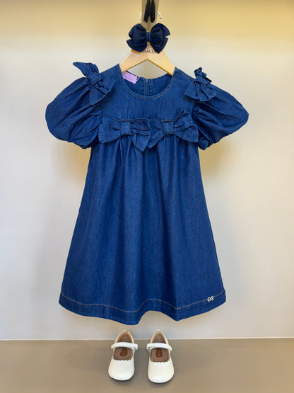 Vestido Infantil Jeans Aplicação Laços - Luluzinha