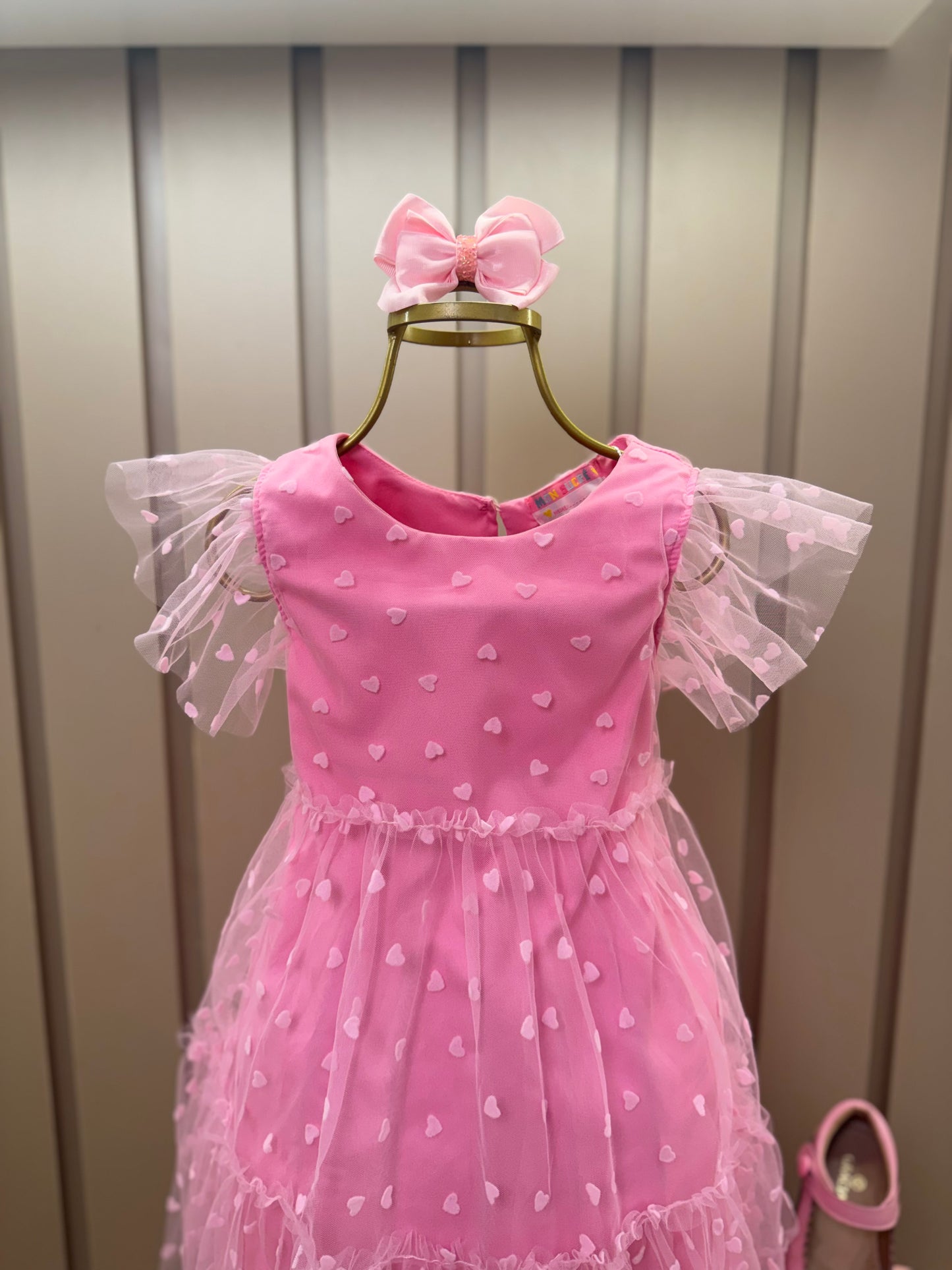 Vestido Infantil Trapézio Tule Corações Rosa Balé - Mon Sucré