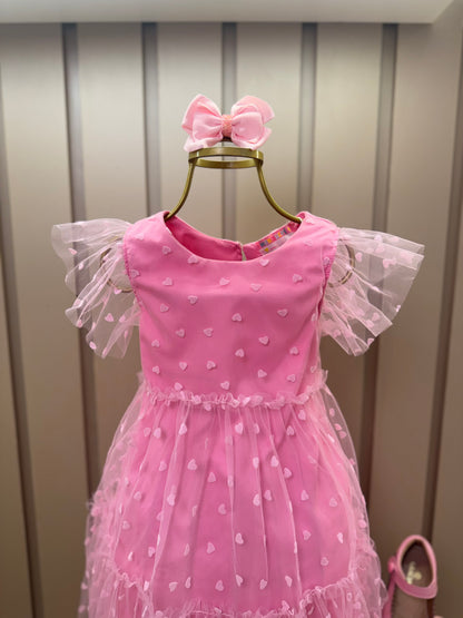 Vestido Infantil Trapézio Tule Corações Rosa Balé - Mon Sucré