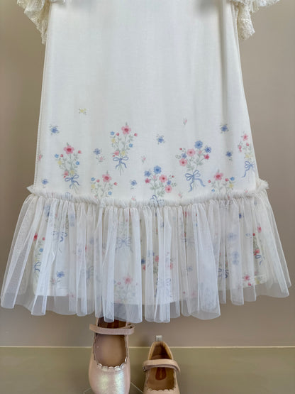 Vestido Infantil Manga Tule Floral e Strass - Petit Cherie
